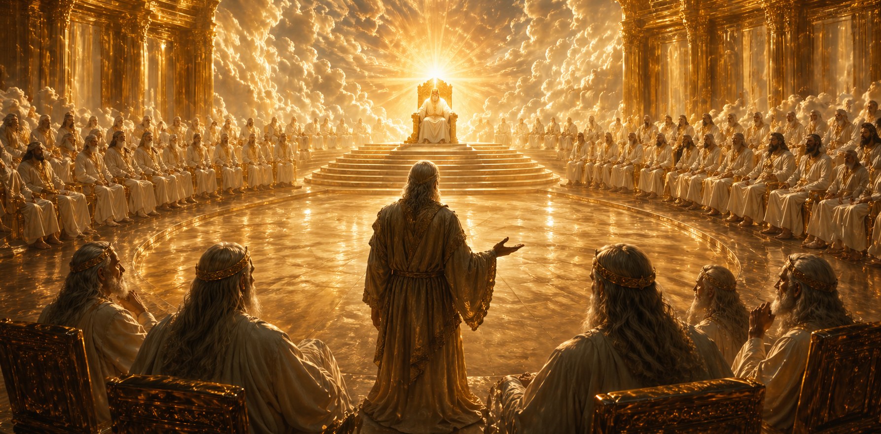 Gnostic court of light surrounding a luminous throne